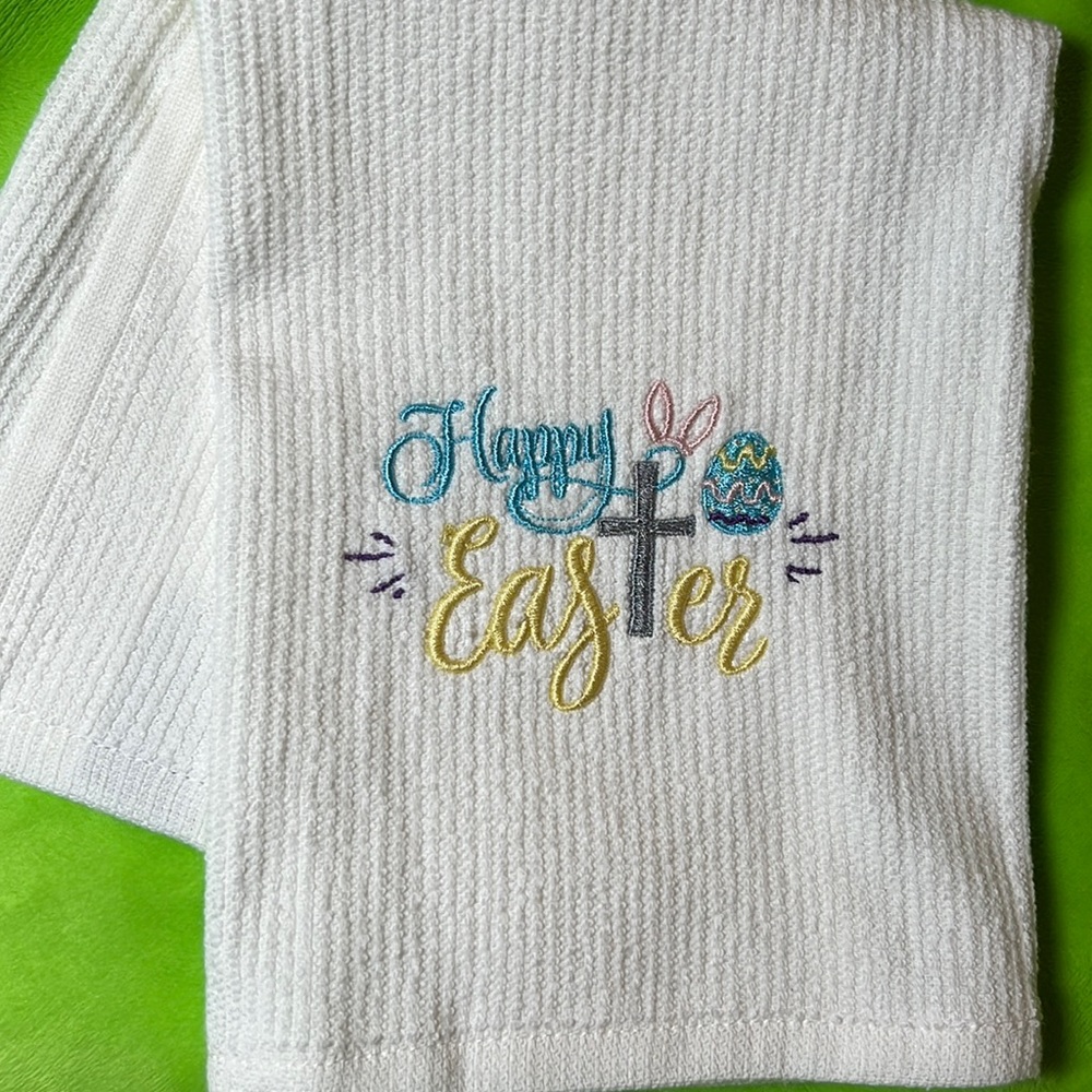 Happy Easter Embroidered Kitchen Towel. Embroidered by me.